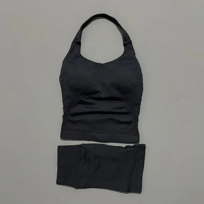Women Seamless Gym Set 2Pcs Halter Neck Sports Crop Top High Waist Scrunch Butt Shorts Workout Fitness Yoga Tracksuit Sportswear