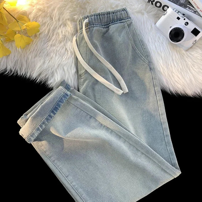 Casual Jeans Men's Baggy Straight Elastic Waist Drawstring Korea Fashion Male Vintage Denim Trousers Streetwear 3XL
