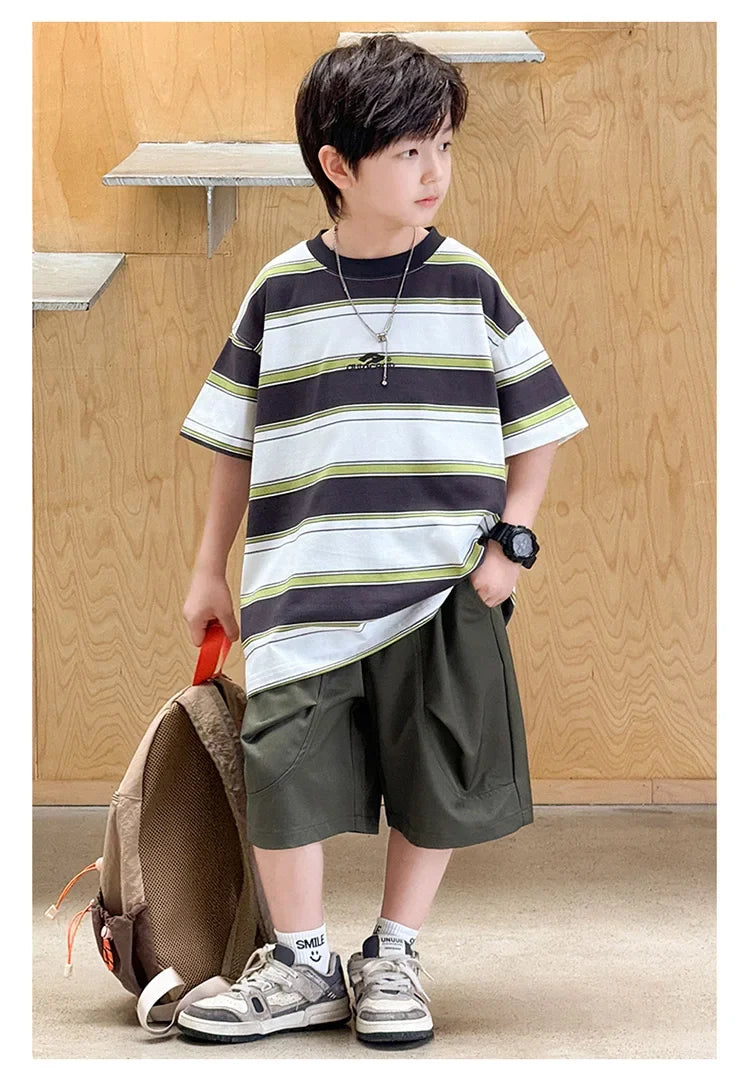 New Arrival Stylish Kids Summer Striped Suit for Teenage Boy Fashion Street Clothing Children Casual T-shirt Shorts 2PCS Set