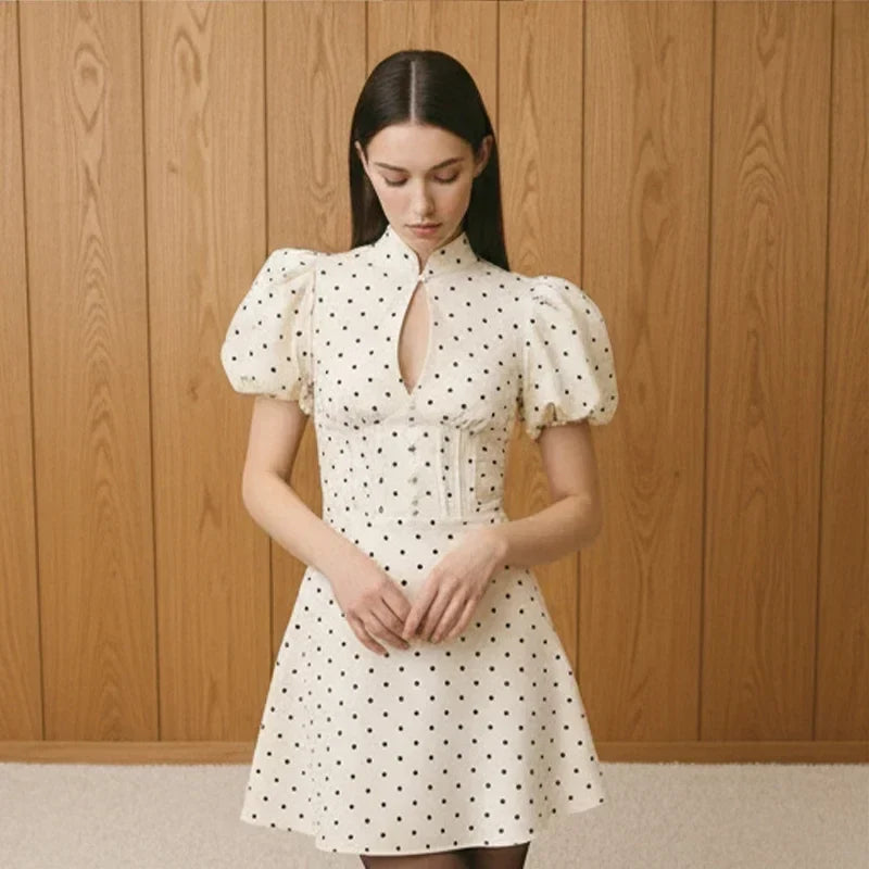 Retro Polka Dot Mini A-line Dress Elegant Stand Collar Puff Short Sleeve Waist-cinching Dresses 2026 New Lady Party Gowns