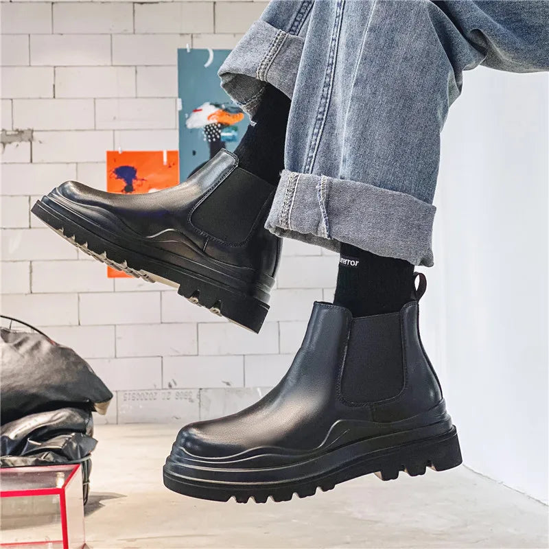 Fashion Mens Sheoes Platform Chelsea Boots Thick Bottom Split Leather Ankle Boots Male Footwear Round Toe Short Boots