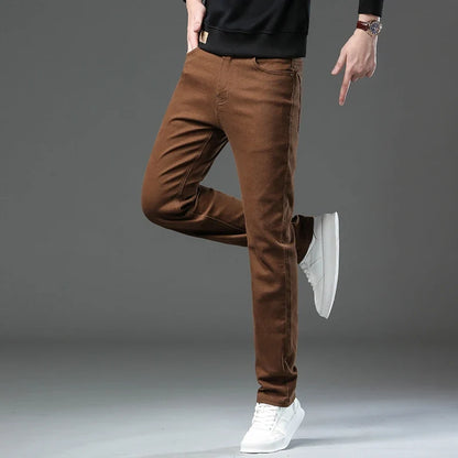 Large Size 42 44 Autumn 96% Cotton Men's Stretch Slim Jeans ArmyGreen Soft Comfortable Casual Straight Denim Pants Trousers