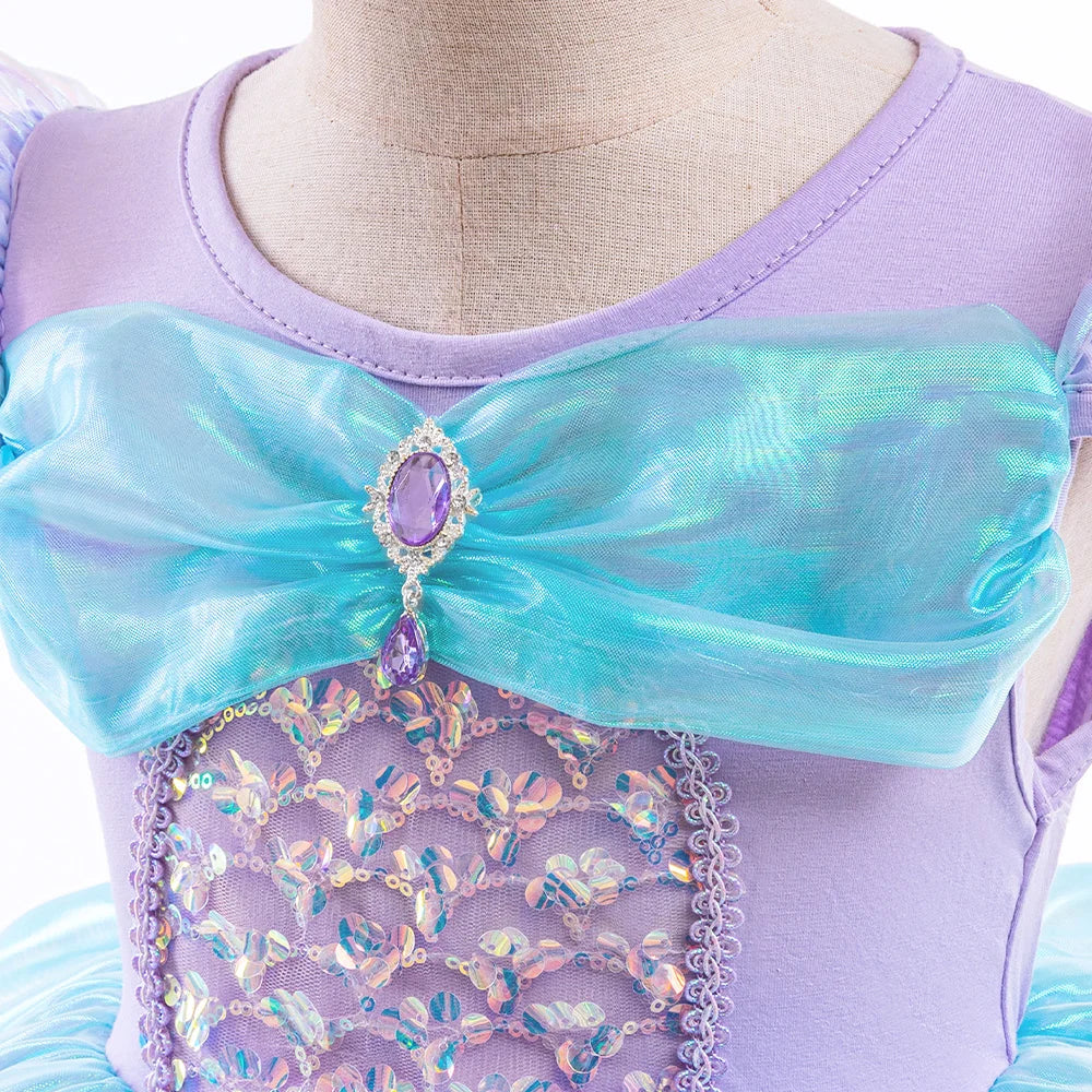 Little Mermaid Ariel Princess Costumes Young Girls Purple Dress Kids Cosplay Carnival Gown Birthday Tutu Dresses Summer New Wear