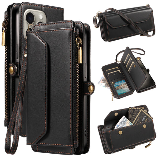 Multi-Card Slot Wallet-Style Phone Case (Long Strap + Short Strap) for iPhone 17/16/15/14/13/12/11 Pro Max Protective Set with Coin Pocket, Crossbody Strap, Anti-Drop Faux Leather Case