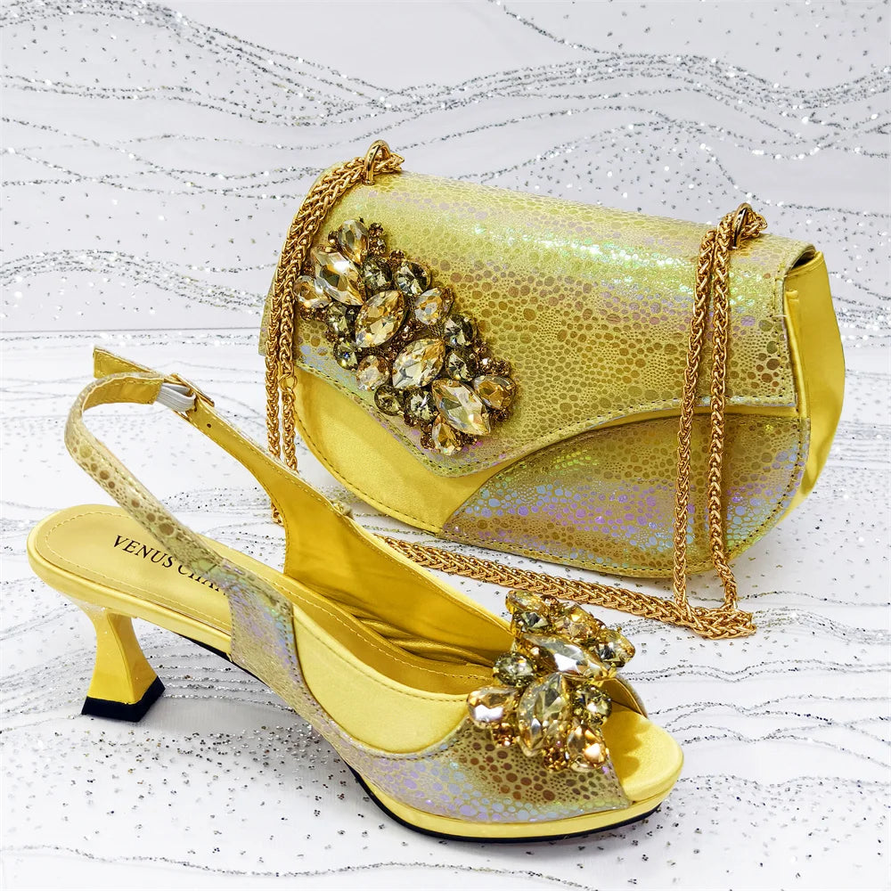 Open Toe Women Heels for 2025 Elegant Party Taro Purpler Diamond Pumps Italian Shoes and Bags Matching Set