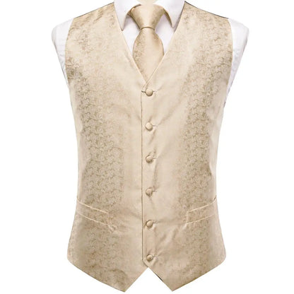 Luxury Mens Vests Black Gold Floral Jacquard Waistcoat Tie Hanky Cufflinks Brooch Set for Men Suit Wedding Office XL