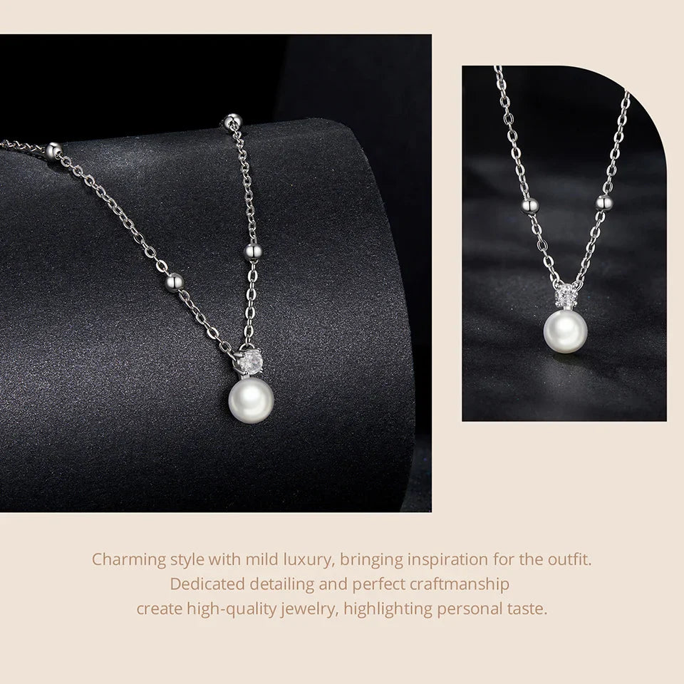 Shiny Moissanite Pearl Pendant Necklace For Women Wedding Party 925 Sterling Silver with White Gold Plating Jewelry