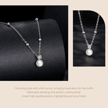 Shiny Moissanite Pearl Pendant Necklace For Women Wedding Party 925 Sterling Silver with White Gold Plating Jewelry