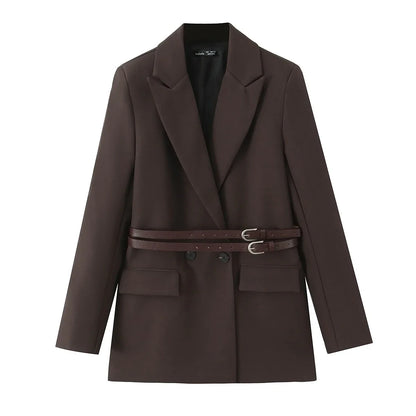 European and American Style New Women's Fashion Versatile Loose Casual Double Belt Slimming Gunlapel Blazer Coat