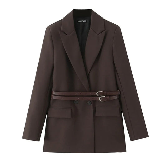 European and American Style New Women's Fashion Versatile Loose Casual Double Belt Slimming Gunlapel Blazer Coat