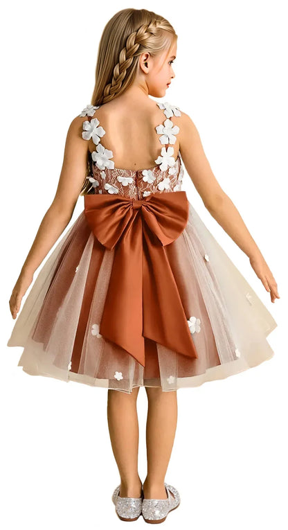 Snvdzo Princess Girls Lace Flower Girl Dress 3D Floral Sleeveless Tulle Princess Wedding Pageant Party Dresses 2026 with Big Bow