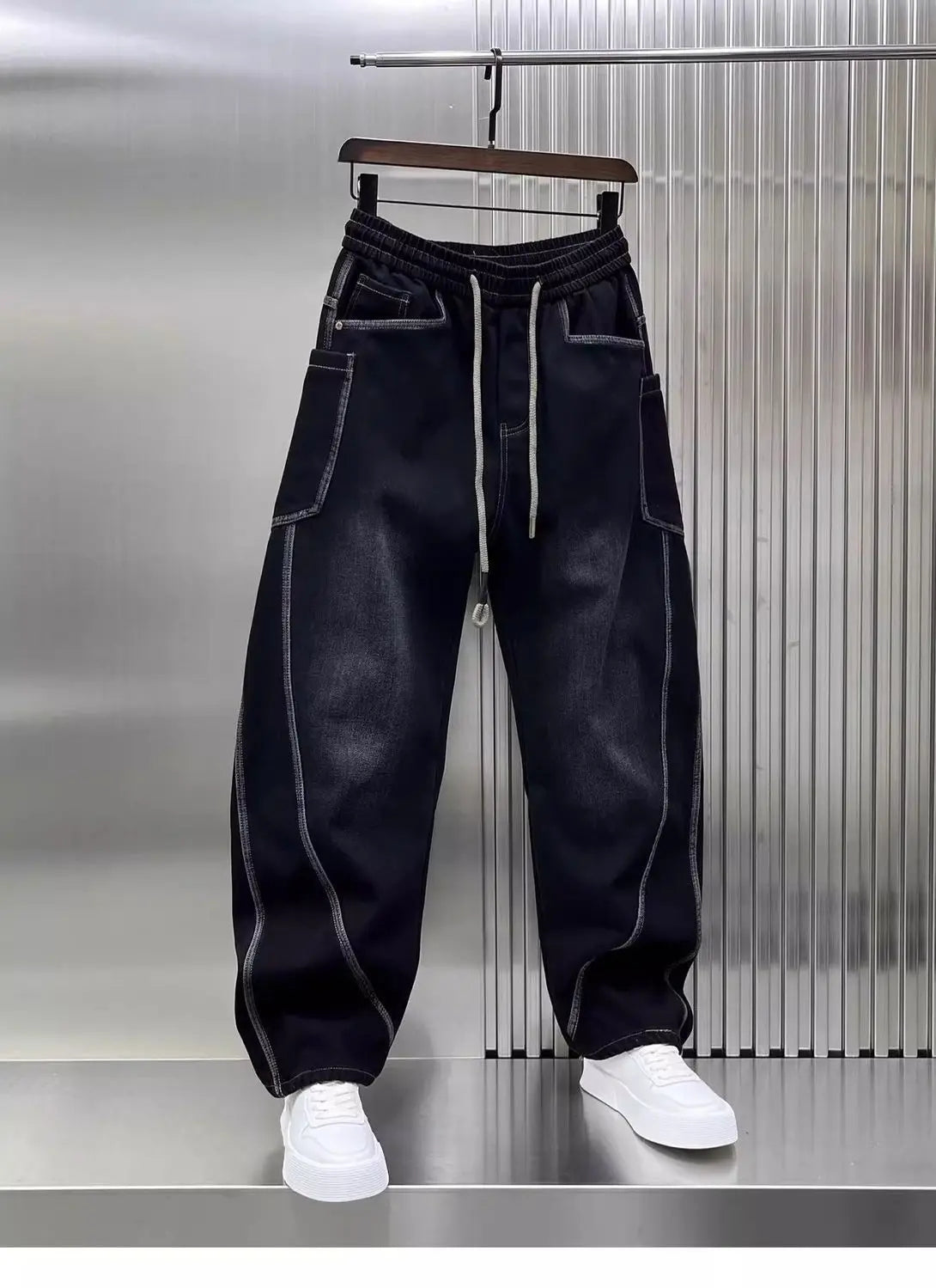 Spring Autumn 2025 New Splicing Cutting Elastic Waist Large Size Boys Washed Loose Wide Leg Big Pocket Scimitar Drawstring Jeans