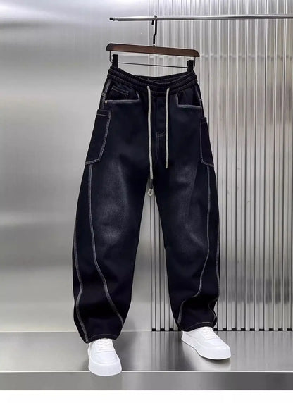 Spring Autumn 2025 New Splicing Cutting Elastic Waist Large Size Boys Washed Loose Wide Leg Big Pocket Scimitar Drawstring Jeans