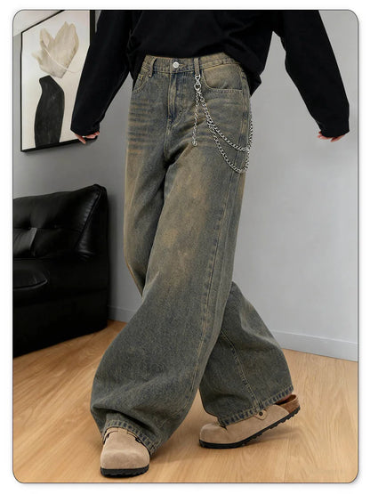 American Retro Baggy Wide Leg Jeans Men's Streetwear Distressed Y2K Clothing Casual Daily Four Seasons Denim Pants Unisex