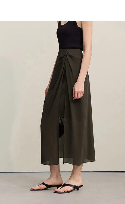 Women's Skirt 2026 Summer Elegant Chiffon Midi Skirt Pleated Side Slit Office Casual Versatile Women's Clothing 12612002