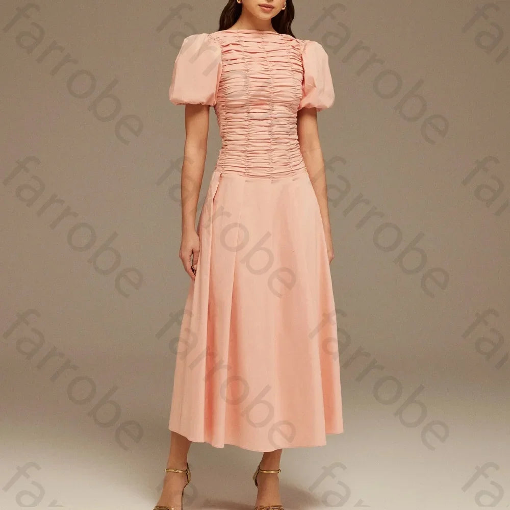 Customize Draped Top Short Sleeve Midi Dress A-Line Evening Dresses Formal Exquisite High Quality Prom Party Gowns for Women
