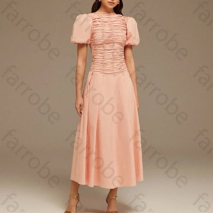 Customize Draped Top Short Sleeve Midi Dress A-Line Evening Dresses Formal Exquisite High Quality Prom Party Gowns for Women