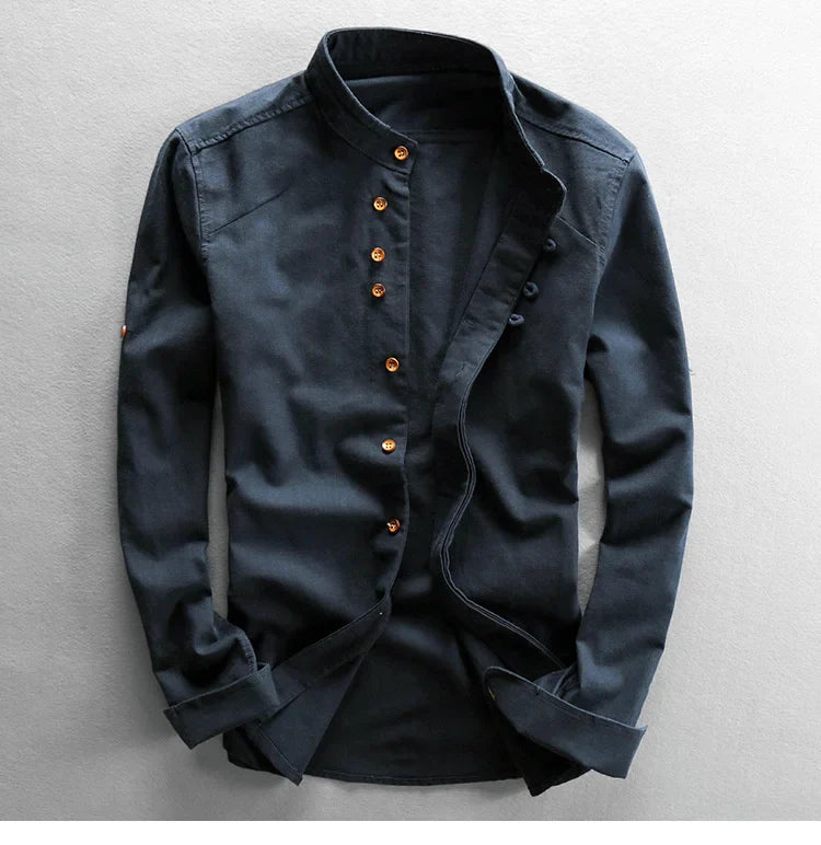 Japan Style Mens Linen Cotton Shirt Harajuku Stand Collar Long Sleeve Slim Fit Solid Color Male Casual Breathable Classical Tops