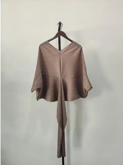 Fold Elegant Pleated V-neck Batwing Elastic Sleeve Mid-calf Dress Women Loose Solid Color 2025 Summer Female New Clothing