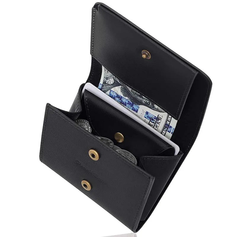 Men's Small Wallet Made of Fine Grain Leather Vintage Genuine Leather Mini Wallet with Coin Compartment and Press Stud
