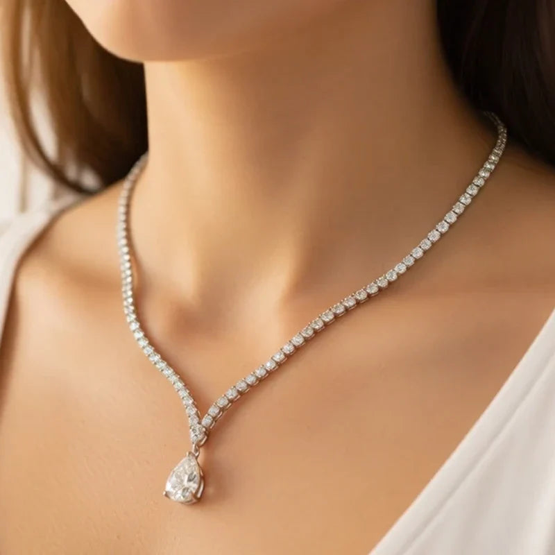 Luxury Pear Cut Full D Color Moissanite Tennis Neck Chain Woman s925 Silver All Lab Diamond Party Bridal Necklaces Gift