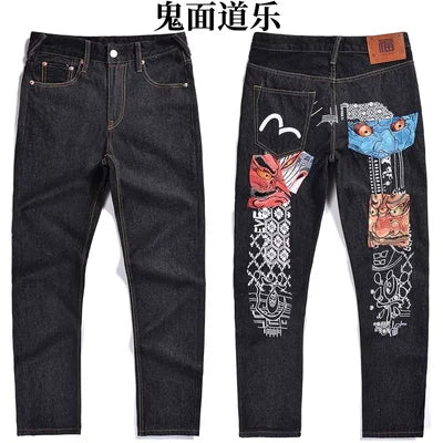 Japanese Handmade Embroidered Jeans Men's Pure Cotton Straight Tube Hip-Hop Popular Slim Red Ears Show Thin Trousers Devil