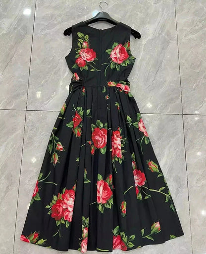 2026 Spring Women's New Fashion Round Neck Sleeveless Cotton Printed Tie a belt Waist cinching Dress