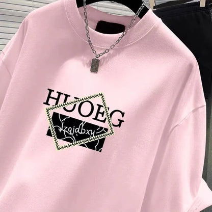 Women's Clothing European Style Pure Cotton Short Sleeve T-shirt Summer Casual Loose O-neck Printing Top Tee Lady Basic Pullover
