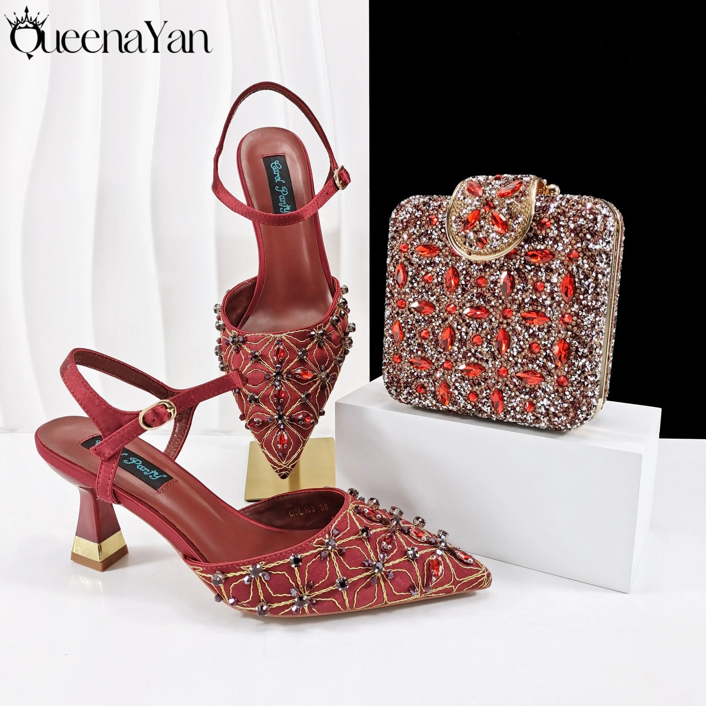 Elegant Full High Quality Diamond Design Olive Color Italian Women's Shoe and Handbag Set for Weddings and Special Occasions
