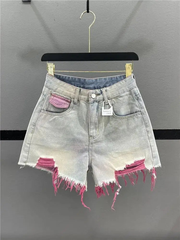 Korean Style Pink Hole Denim Shorts Women Summer New High Waist Raw Edge A-line Hot Girls Shorts Fashion Niche Slim Hot Pants
