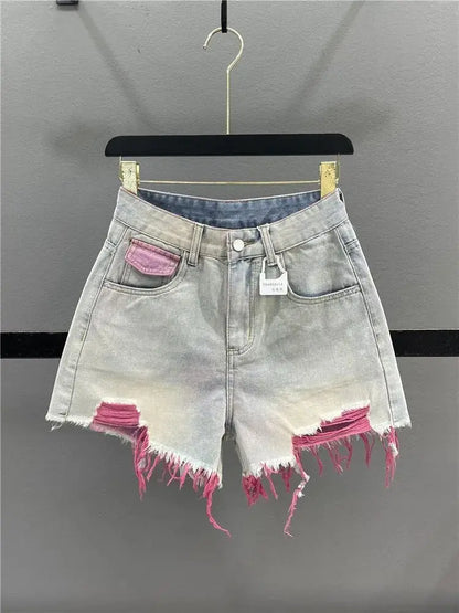 Korean Style Pink Hole Denim Shorts Women Summer New High Waist Raw Edge A-line Hot Girls Shorts Fashion Niche Slim Hot Pants