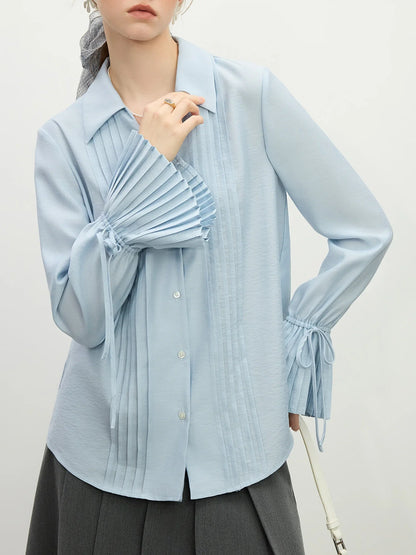 Blue Shirt For Women Spring 2025 New Design French Style Pleated Long Sleeve Chic Shirt Versatile Casual Top 25FS11150