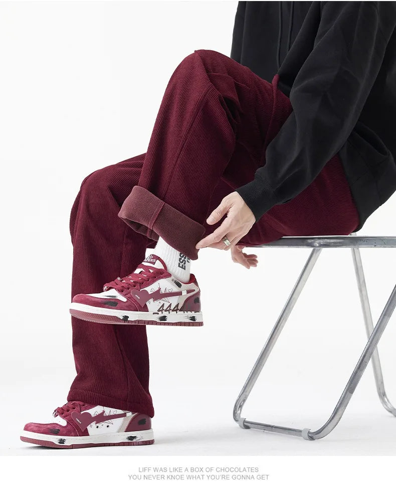 2026 New in Winter Corduroy Pants Men Straight Wide Leg Cargo Trouser Male Elastic Waist Loose Fit Thick Brown Warm Fleece Plush