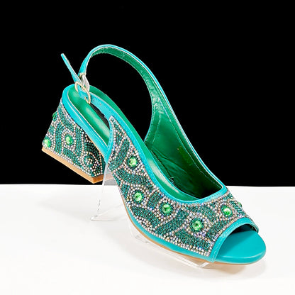2024 Rhinestone Design INS Hot Sale New Arrivals African Shoes and Bag Set in Green Color Open Toe Comfortable Women Heels