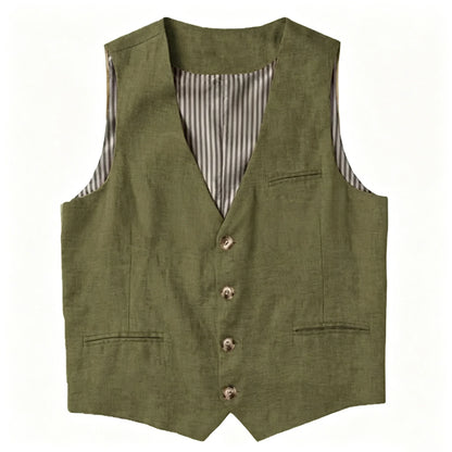 Beige Linen Men's Vest V Neck Summer Waistcoat Single Breasted Light Weigt Men's Suits Vest