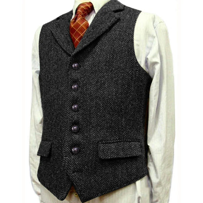 Men Vest Brown With Lapel Boutique Herringbone Single Button Fit Waistcoat Casual Formal Business Wedding Daily Men Suit Vest