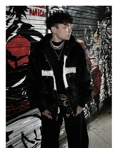 Winter Short Cool Warm Soft Hairy Faux Fur Coat Men with Hood Rivet Luxury Designer Punk Style Clothes Fluffy Jacket