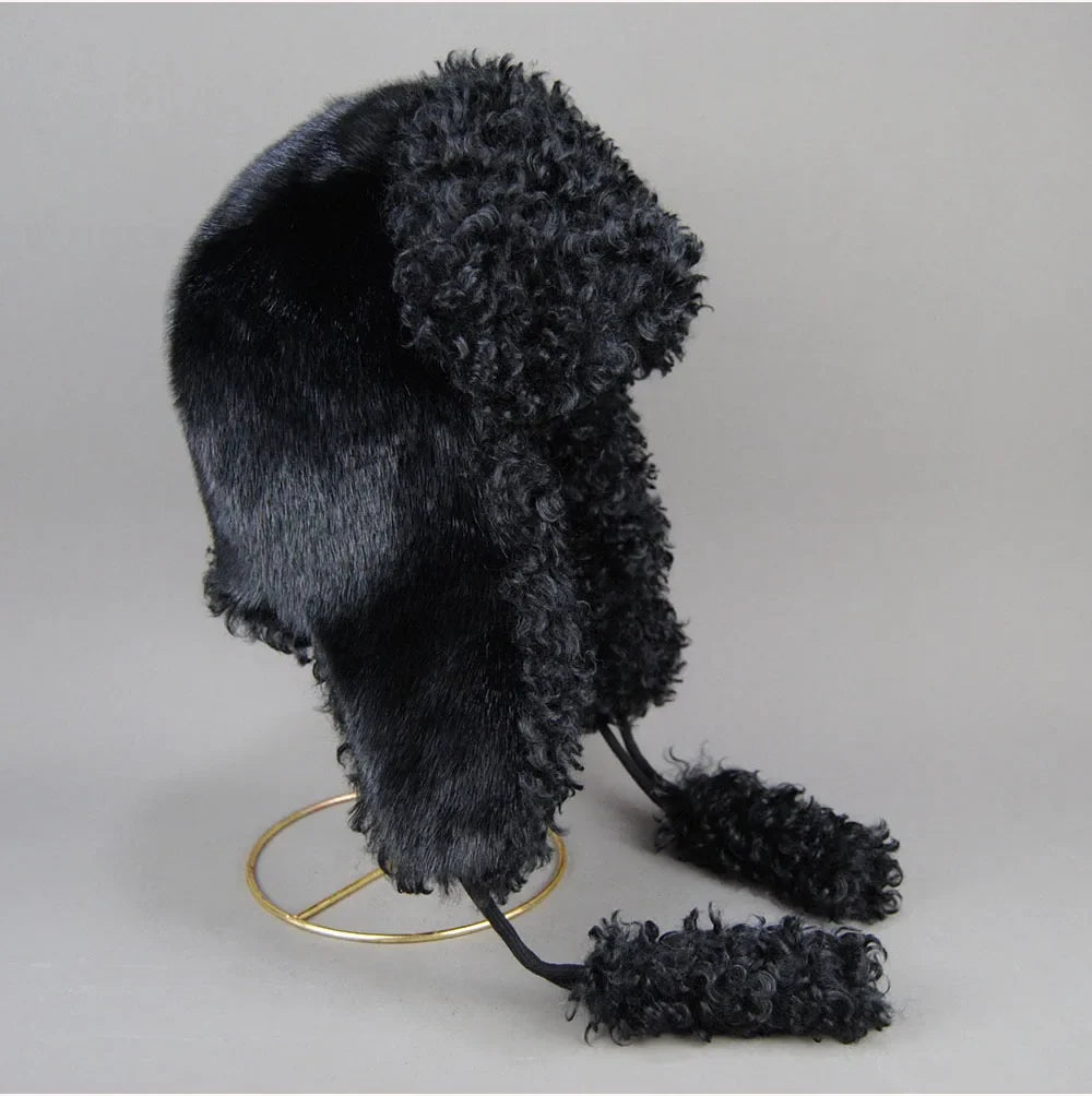 Real Fur Wool Hat Unisex New Winter Warm Bomber Russian Ushanka Hats With Ear Flaps Cow Leather Thick Snow Earflaps Baseball Cap