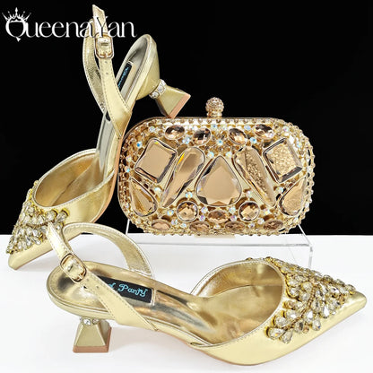 Italian Shoes and Handbags Accessory Set with Rhinestone Metal Embellishments Wedding Shoes Bridal Shoes Designer