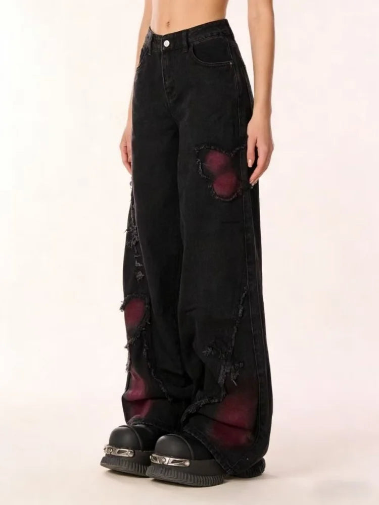 Women's Baggy Butterfly Jeans Vintage 90s Aesthetic Cowboy Pants Harajuku Oversize Denim Trousers Y2k 2000s Black Gothic Clothes
