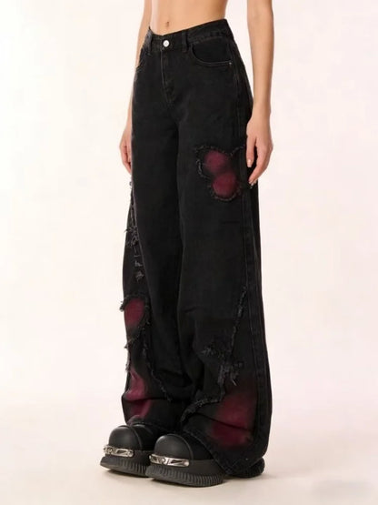 Women's Baggy Butterfly Jeans Vintage 90s Aesthetic Cowboy Pants Harajuku Oversize Denim Trousers Y2k 2000s Black Gothic Clothes