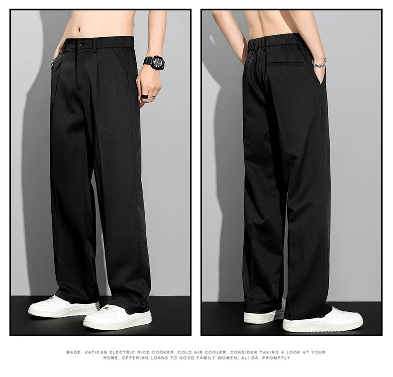 Men's 2026 Summer Korean Style Loose Straight Leg Draping Lightweight Casual Pants Slacks Khaki Dark Gray Black Trousers Male