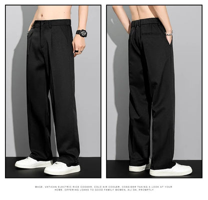 Men's 2026 Summer Korean Style Loose Straight Leg Draping Lightweight Casual Pants Slacks Khaki Dark Gray Black Trousers Male
