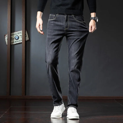 2025 Winter Fleece Jeans Men's Fashion Elastic Slim Straight Warm Trousers Thicken Business Casual Korean Thermal Denim Pants
