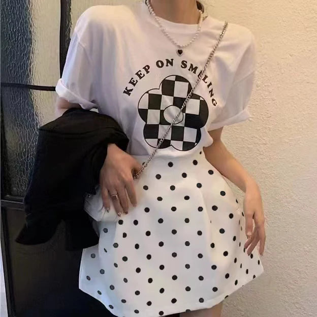 Victorian Sle Polka Dot Puffy  Skirt High Waist Midi Skirts White Flower Bloom f-length Women's Faion Summer 2024