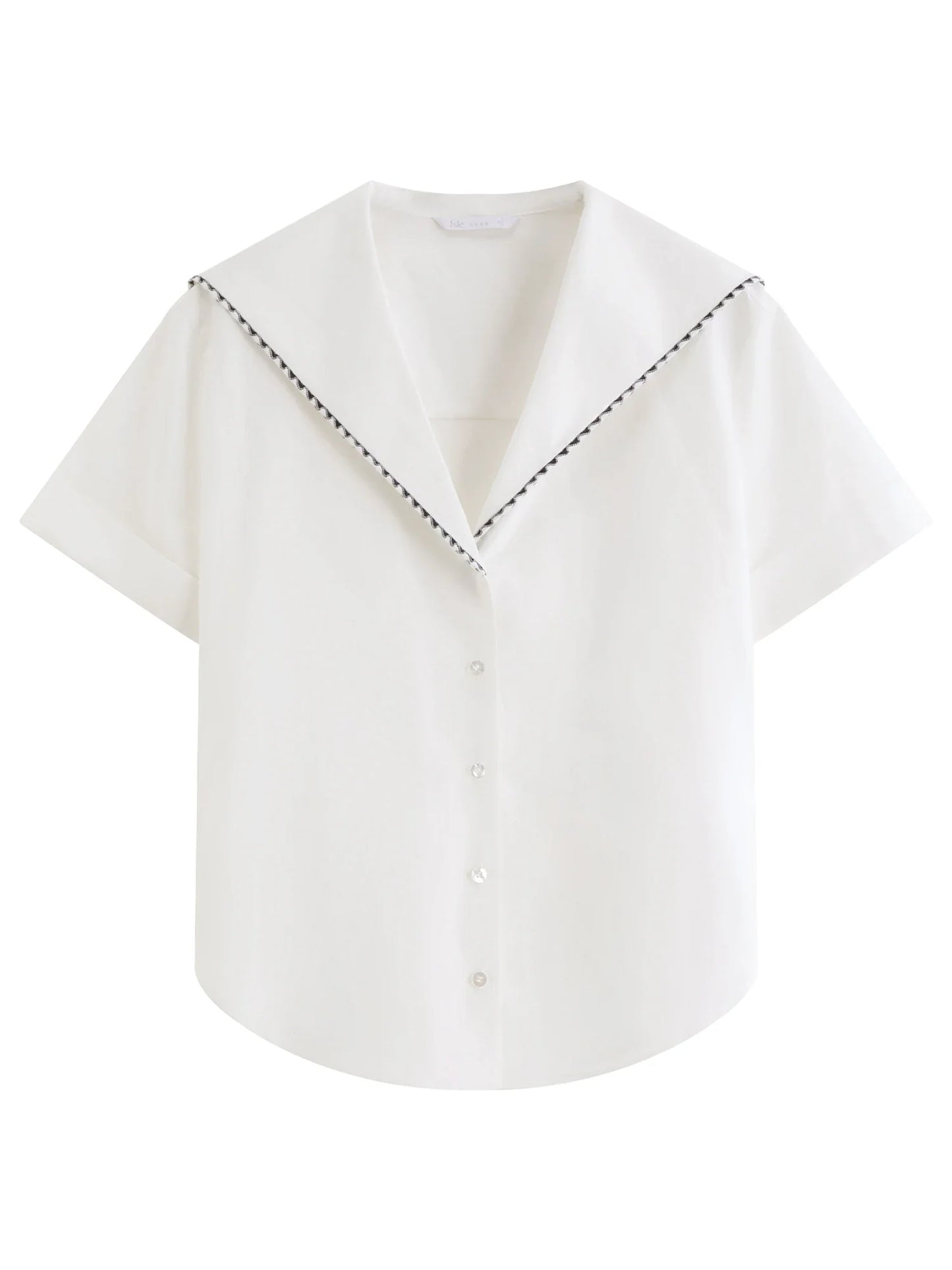 2026 Summer Women's Sailor Collar Shell Embroidered Short Sleeve Shirt Preppy Button Down Blouse for Rebellious Prep Style