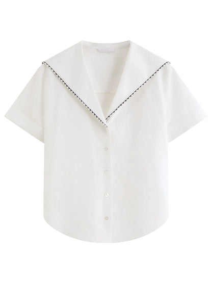 2026 Summer Women's Sailor Collar Shell Embroidered Short Sleeve Shirt Preppy Button Down Blouse for Rebellious Prep Style