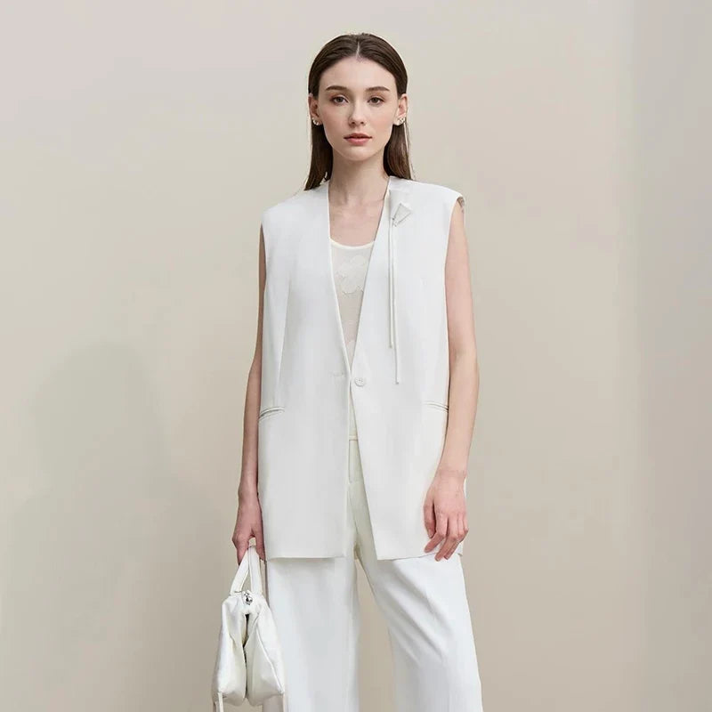 Women's Vest 2026 Autumn New Commuter V-Neck Padded Shoulders Vest Casual Sleeveless Women's Loose Mid-Length Top 12651034