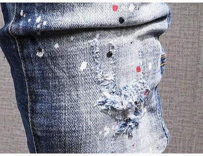 Fashion Streetwear Men Jeans Retro Black Blue Elastic Slim Fit Ripped Jeans Men Spliced Designer Embroidery Hip Hop Denim Pants