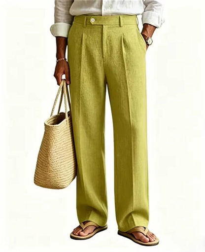 Beige Men's Linen Pants Breathable Cool Straight Leg Trousers High Waist Pleated Lightweight Summer Casual For Beach Vacation
